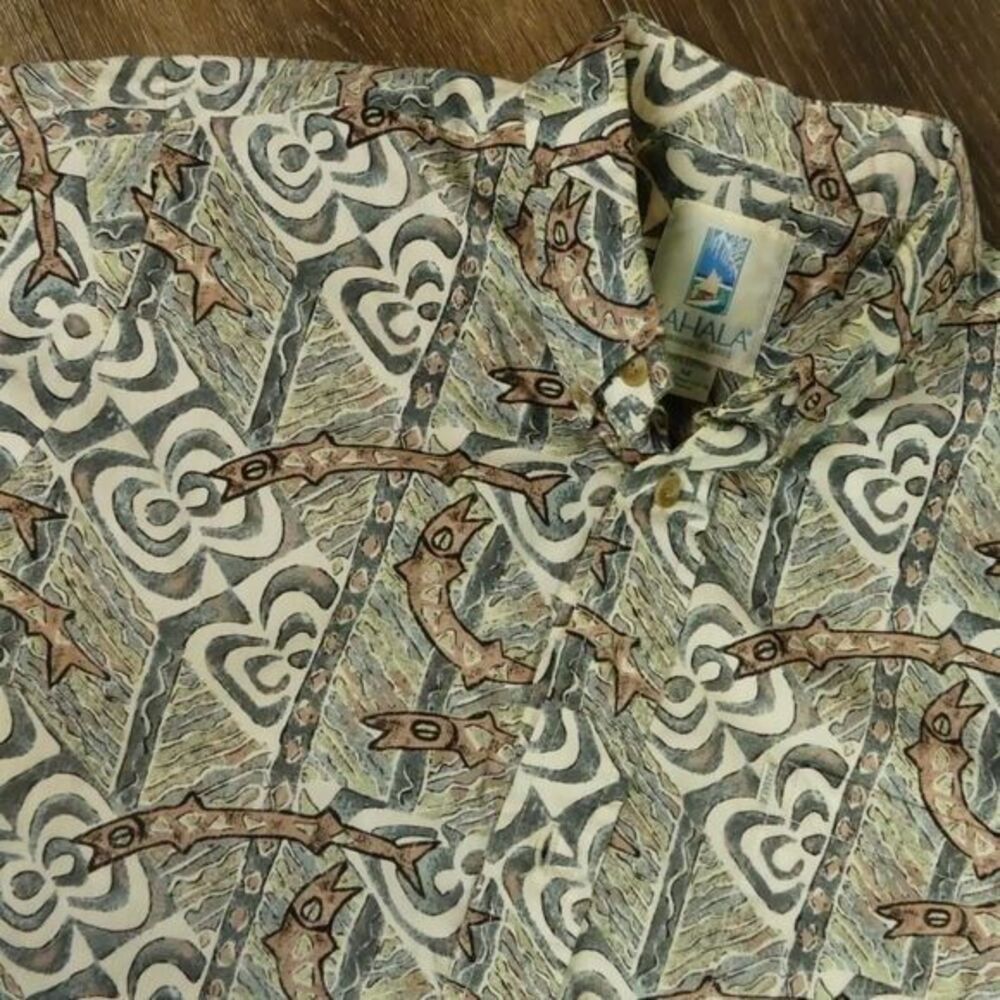 Kahala Pullover Cotton Hawaiian Shirt Fish Print Size Men's‎ M